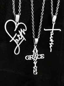 [Faith Cross Necklace] 3pcs Stainless Steel Faith Word "Faith" Letter Heart Amazing Grace Faith Cross Church Prayer Religious Pendant Necklace Set