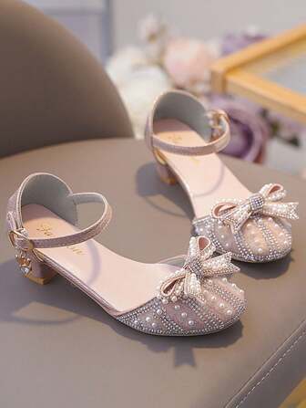 女童正式高跟鞋，儿童闪光公主鞋，包头高跟鞋，水钻珍珠蝴蝶结玛丽珍凉鞋，踝带，可调节扣环，透气缓冲，适合小大童、派对、学校表演、婚礼、伴娘、休闲装，四季皆宜