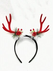1 Băng đô sừng hươu Giáng sinh cho nữ có hoa giả, quả mọng và viền lông - Đỏ - Xem 1