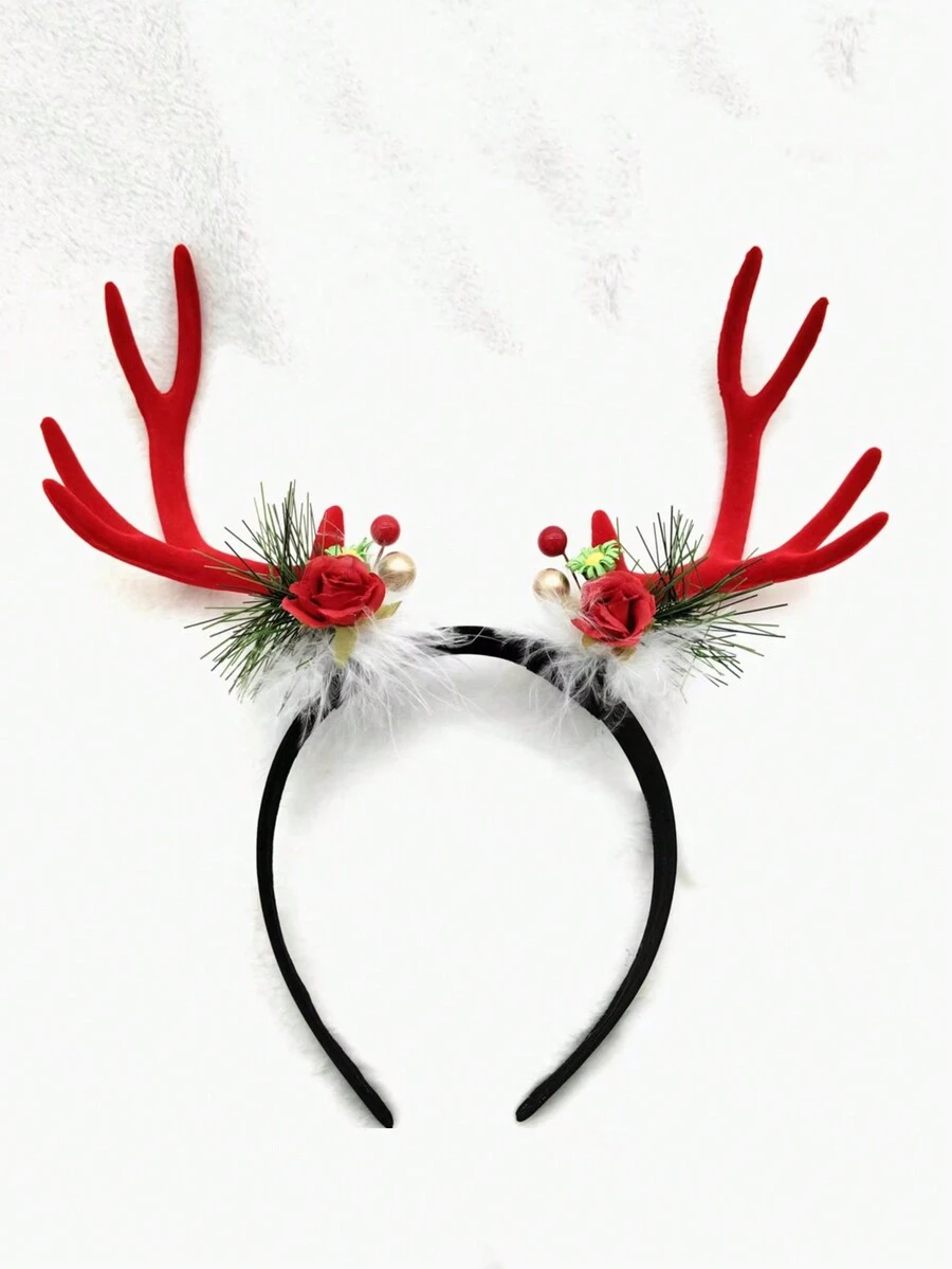 1 Băng đô sừng hươu Giáng sinh cho nữ có hoa giả, quả mọng và viền lông - Đỏ - Xem 1