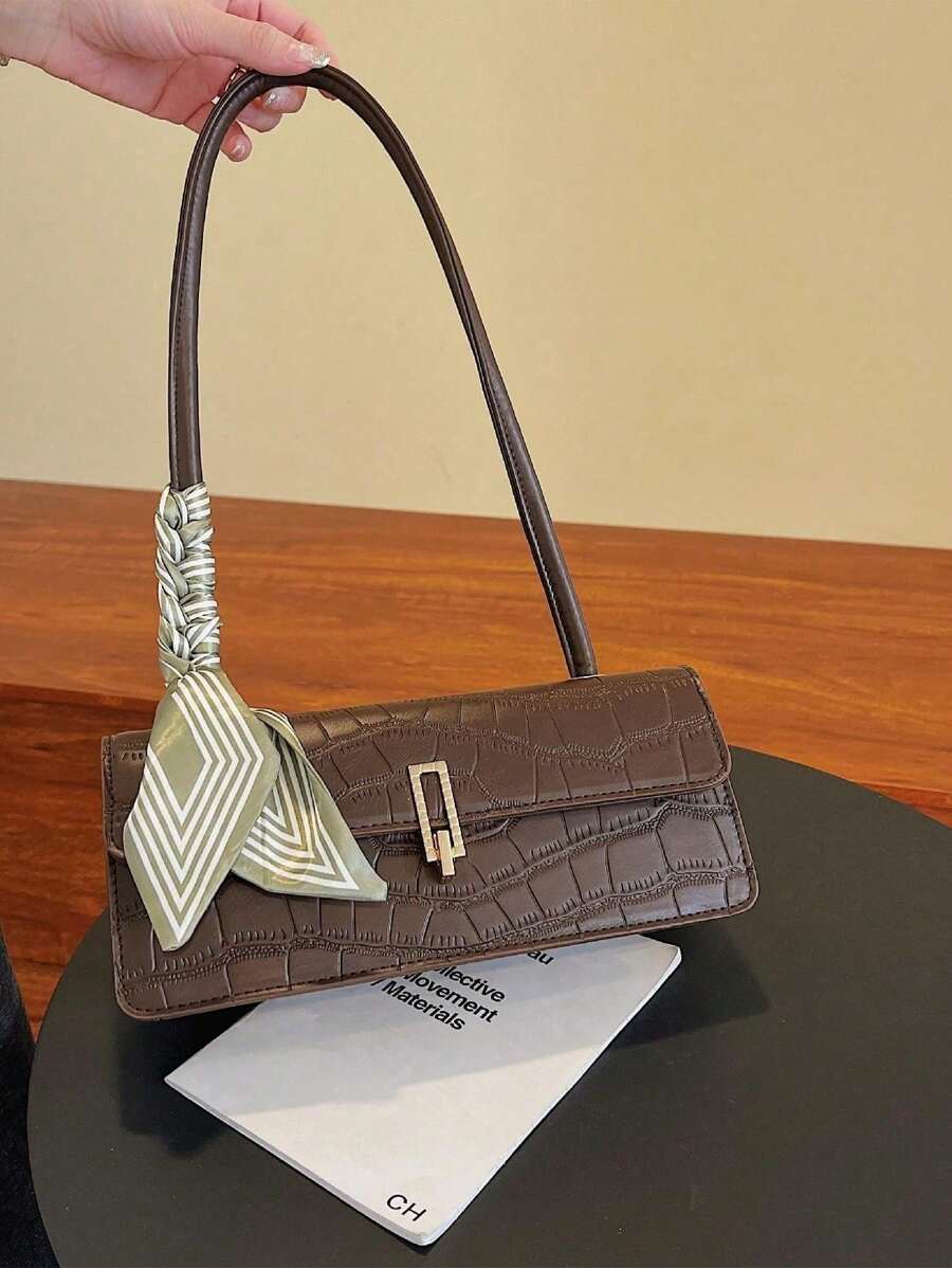 新款纯色PU围巾包，带盖和内拉链，时尚百搭的法式腋下包，女士法棍包，适合女性日常外出、购物、聚会，也是送给女友、圣诞节和情人节的理想礼物。 - 咖啡棕 - 查看 1