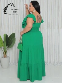Plus Size Long Dress With Ruffle On The Shoulder - Green - View 2