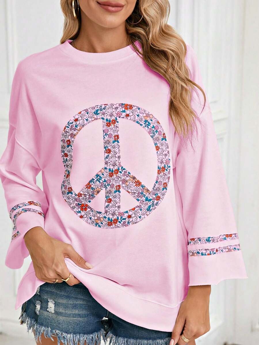 Boho Retro Vintage 60's Vibe Cream Cotton Raglan Lantern Bubble Puff Sleeve Floral Rib Patchwork Top Sweat Shirt Blouse - 粉色 - 查看 1