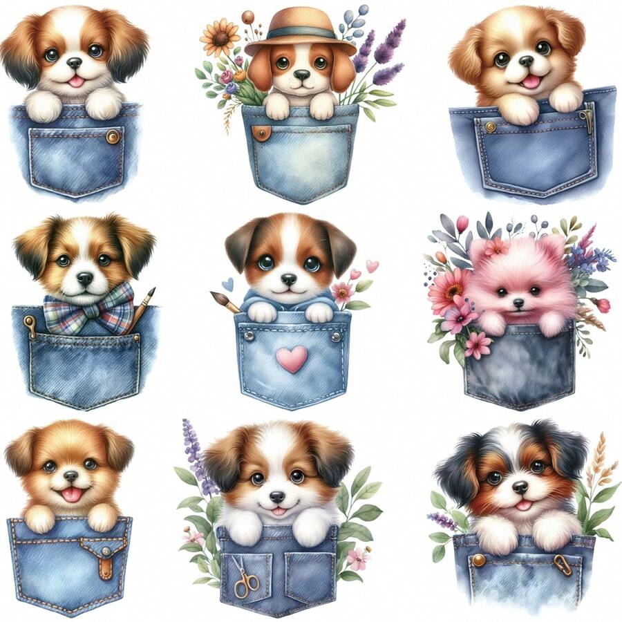 1/3/5 chiếc Túi họa tiết hoa dễ thương cho chó cưng (Border Collie, Pomeranian, Labrador) Túi đeo hông in chuyển nhiệt, Mũ đan, Quần áo, Khăn trang trí bằng nhựa vinyl chống nước thủ công mỹ nghệ - Màu xanh lam - Xem 1