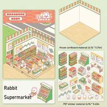 7/4/1 Rabbit Series 3D Decoration DIY Stickers, Manual Stickers, Visual 3D Stacking 3D House Memo Stickers, Paperless 3D Scene Landscape Stickers, Miniature Scene Rabbit Supermarket, Rabbit Kitchen, Rabbit Bedroom, Rabbit Classroom, Rabbit Burger Shop, Rabbit Library, Rabbit Dessert Shop, Scene DIY Free Design Stress Relief Stickers Back To School