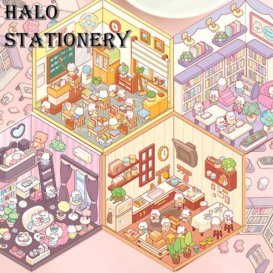 7/4/1 Rabbit Series 3D Decoration DIY Stickers, Manual Stickers, Visual 3D Stacking 3D House Memo Stickers, Paperless 3D Scene Landscape Stickers, Miniature Scene Rabbit Supermarket, Rabbit Kitchen, Rabbit Bedroom, Rabbit Classroom, Rabbit Burger Shop, Rabbit Library, Rabbit Dessert Shop, Scene DIY Free Design Stress Relief Stickers Back To School