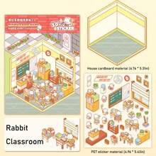 7/4/1 Rabbit Series 3D Decoration DIY Stickers, Manual Stickers, Visual 3D Stacking 3D House Memo Stickers, Paperless 3D Scene Landscape Stickers, Miniature Scene Rabbit Supermarket, Rabbit Kitchen, Rabbit Bedroom, Rabbit Classroom, Rabbit Burger Shop, Rabbit Library, Rabbit Dessert Shop, Scene DIY Free Design Stress Relief Stickers Back To School