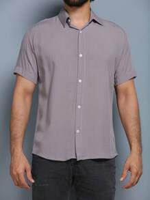 Men's Plain Short Sleeve Button Down Shirt In VISCOSE / Men's Blouse / Dress Shirt - 灰色 - 查看 2