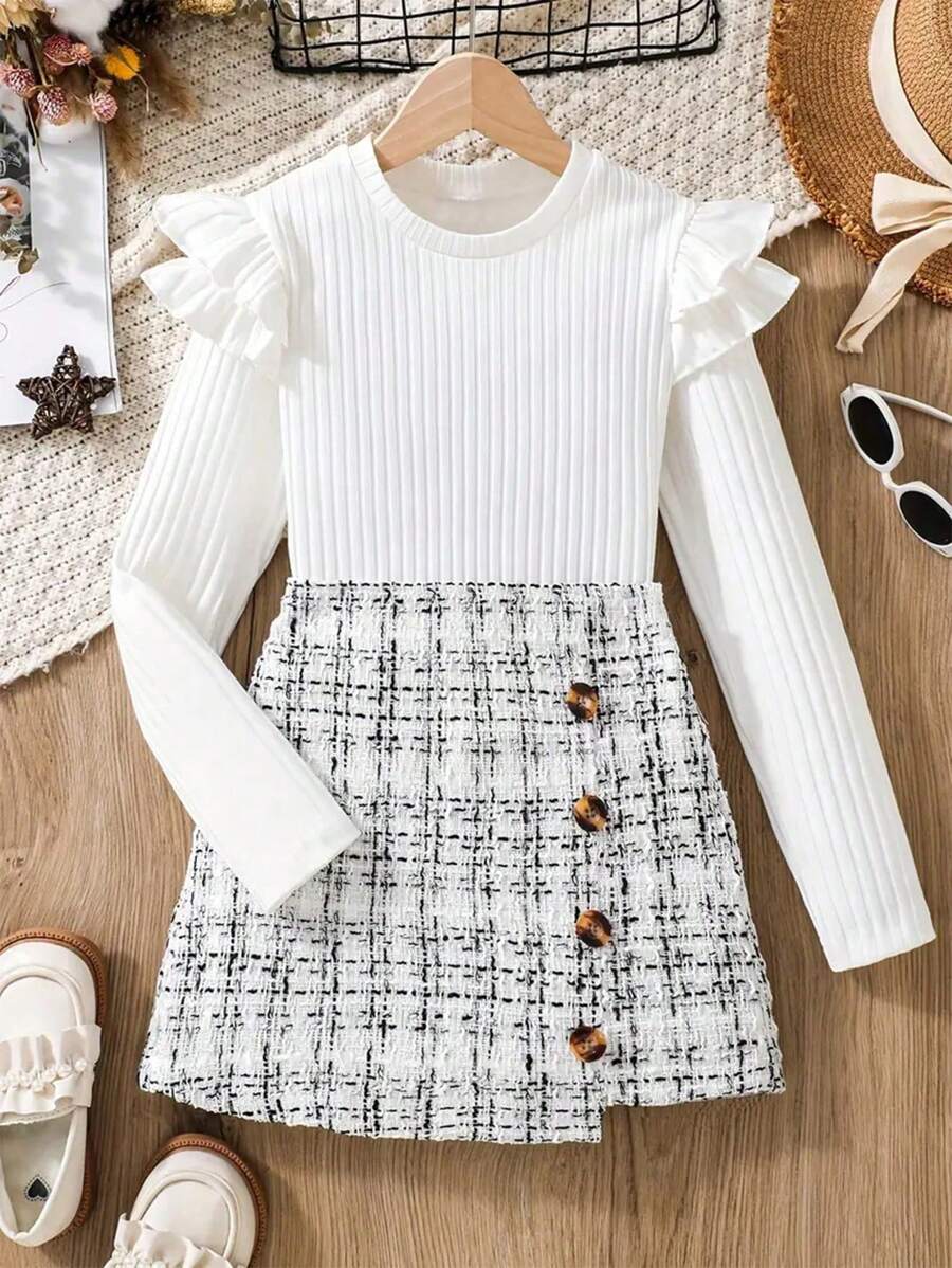 2 Pieces Set Young Girl Chic Flounce Trim Long Sleeve Top + Tweed Knit Skirt - Stylish Outfit For Spring And Fall Seasons, Perfect Gift For Princesses - White - View 1