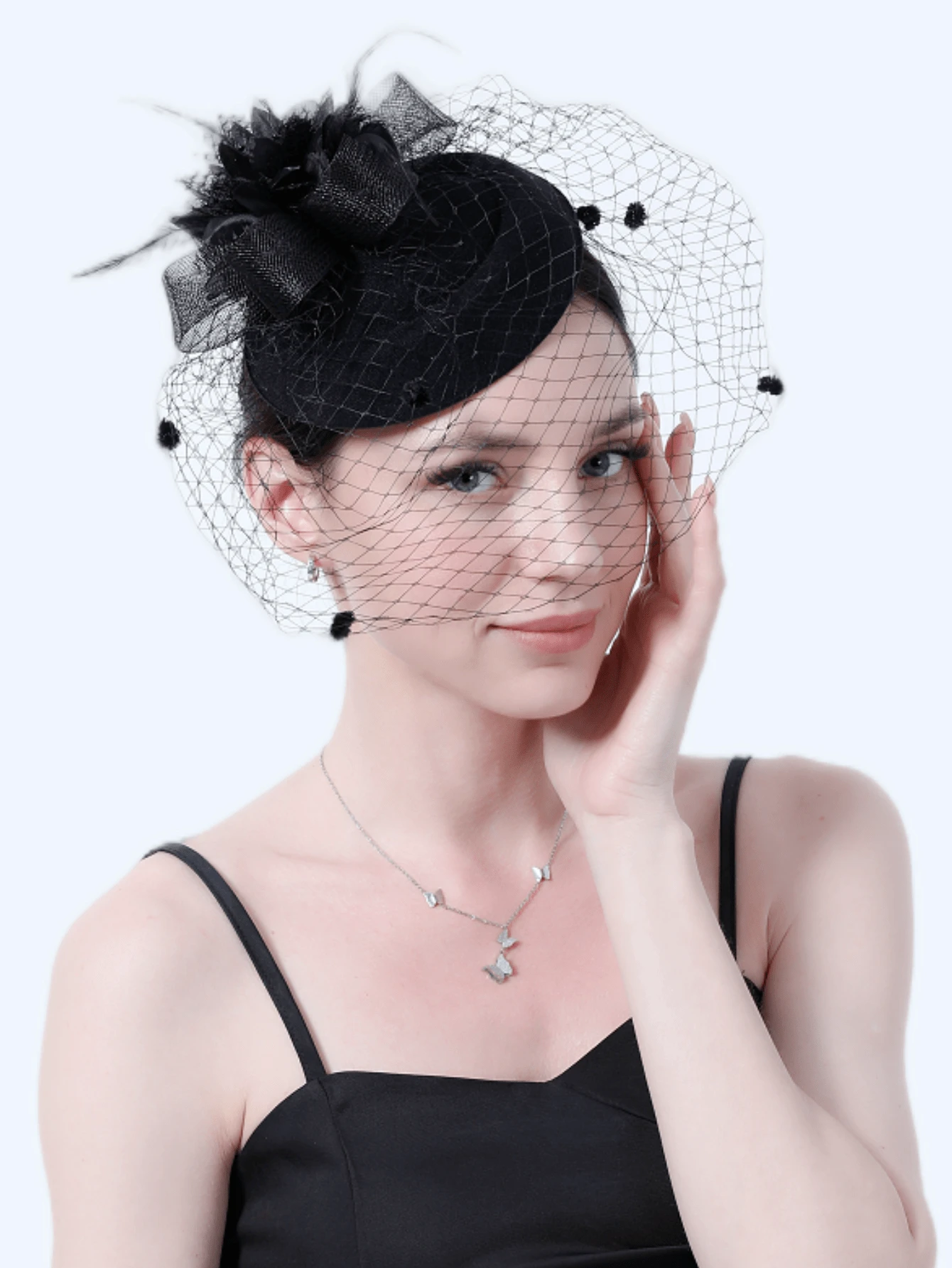 Fascinator-hoed in de jaren '20 en '50, haaraccessoires met sluier, voor cocktail, thee, party, bruiloft, kerk, voor meisjes en vrouwen, grijs