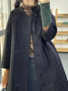 Women's Casual Warm Solid Color Long Plaid Cotton Padded Coat For Autumn/Winter