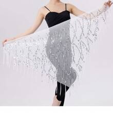 Hüfttuch für Frauen beim Bauchtanz mit Pailletten und Quasten, dreieckiges Wickelrock Hüftkette (Gesamtlänge 150cm)