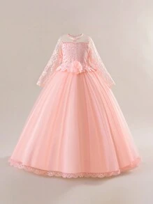 Tween Girl Long Solid Color Lace Tulle Satin Elegant Formal Dress, Suitable For Attending Balls And Formal Dinners, Does Not Include Headband - 淺粉色 - 查看 2