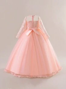 Tween Girl Long Solid Color Lace Tulle Satin Elegant Formal Dress, Suitable For Attending Balls And Formal Dinners, Does Not Include Headband - 淺粉色 - 查看 3
