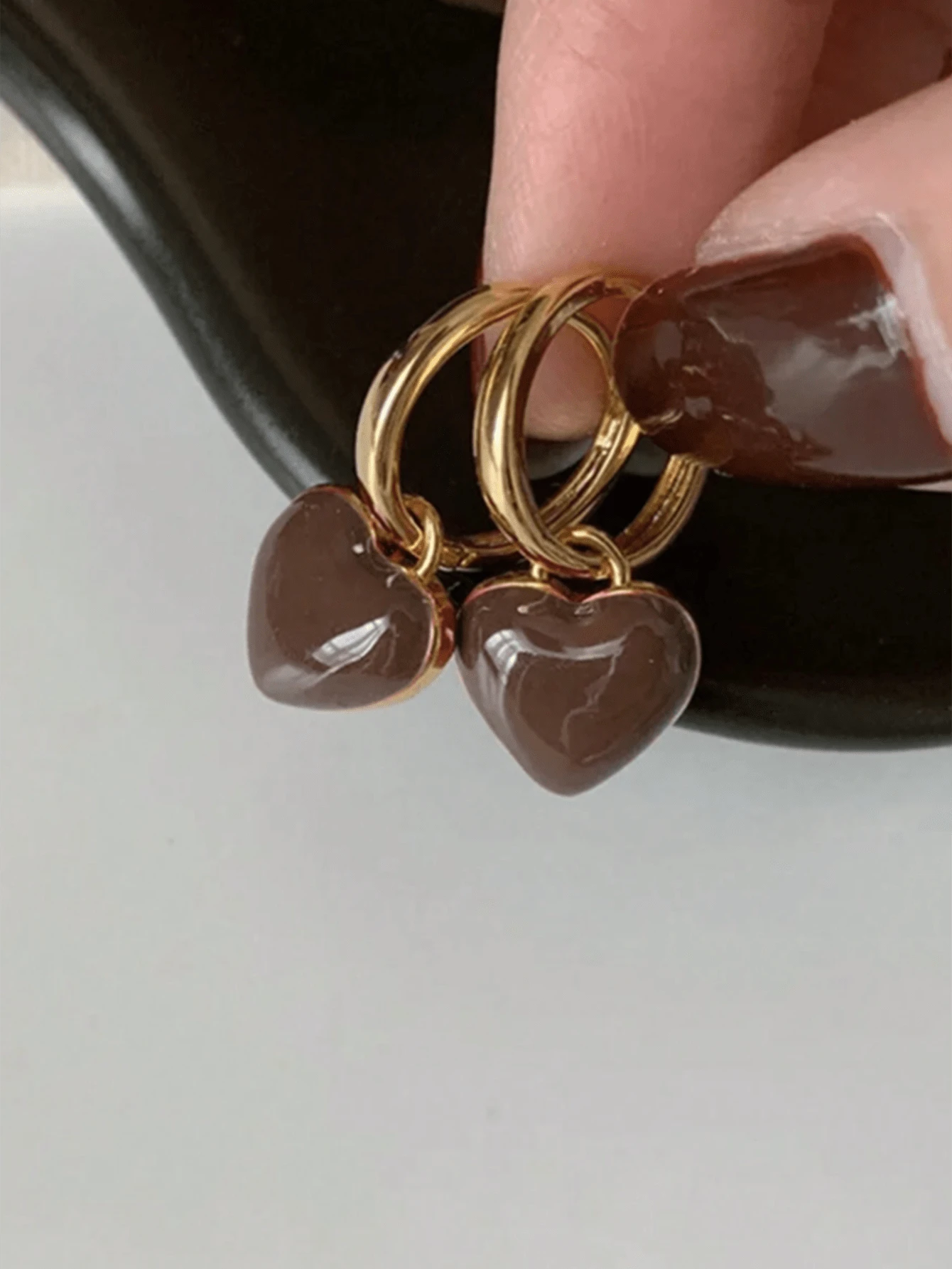2只双面油滴心形耳环，适合女性日常、约会、度假、婚礼、情人节、圣诞节等场合作为礼物 - 咖色 - 查看 1