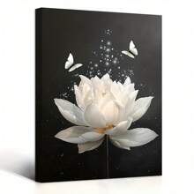 Wooden Framed Canvas Painting, White Floral Wall Art For Bathroom Flower And Butterfly On Black Canvas Wall Art Modern Framed Wall Art Yoga Spa Spiritual Wall Art Painting