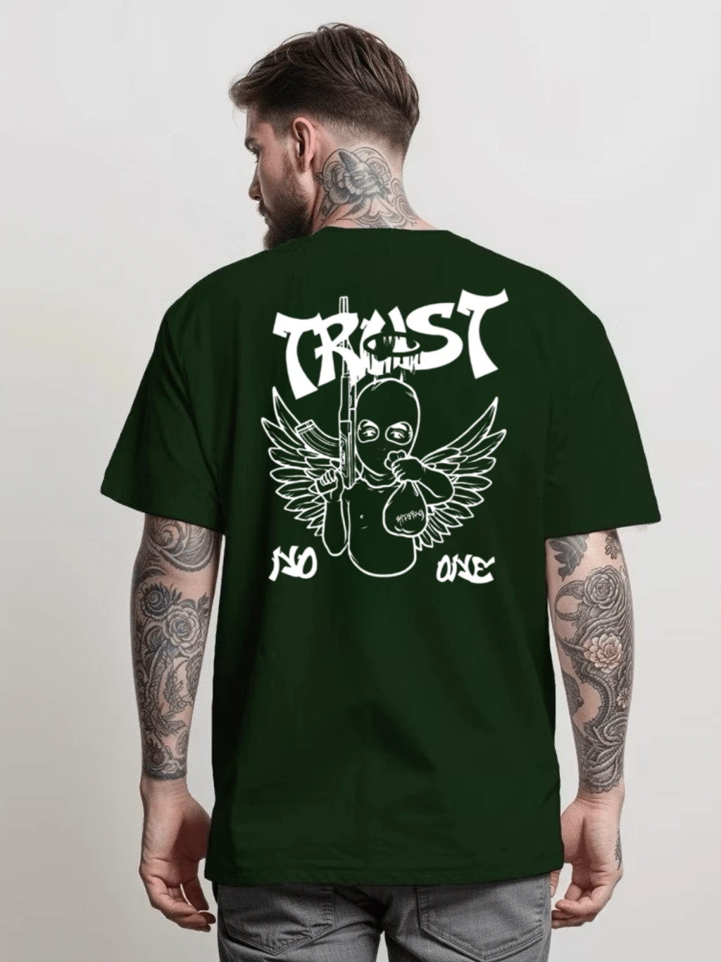 Trust No One Streetwear T-Shirt 100% Cotton Men's Shirt - Màu xanh lá cây đậm - Xem 1