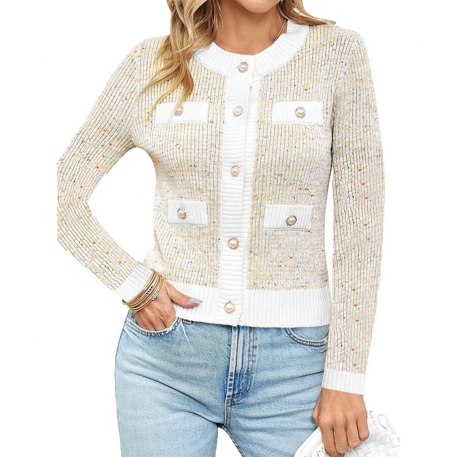 Women's Cropped Tweed Cardigan Long Sleeve Button Down Open Front Elegant Fall Knit Jacket - Apricot - View 1