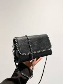 low tea 1 件 PU 皮革纯色女士单肩包，时尚方形，配有可调节的金属链条，珍珠装饰翻盖开合，适合日常和外出使用 - 黑色 - 查看 1