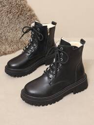 2025 Winter New Women's Shoes, Warm Winter Women's Boots, Fashion Versatile Casual Women's Shoes, Leather Ankle Boots, Black & White Short Boots With Laces & Side Zipper, Flat Women's Boots, Women's Ankle Boots And Short Boots, Fashionable Women's Boots