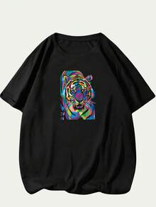 Colorful Tiger Print T-Shirt Men's Unisex Casual Comfort Premium Cotton Loose Versatile Sophisticated Modern Breathable Soft - 黑色 - 查看 1