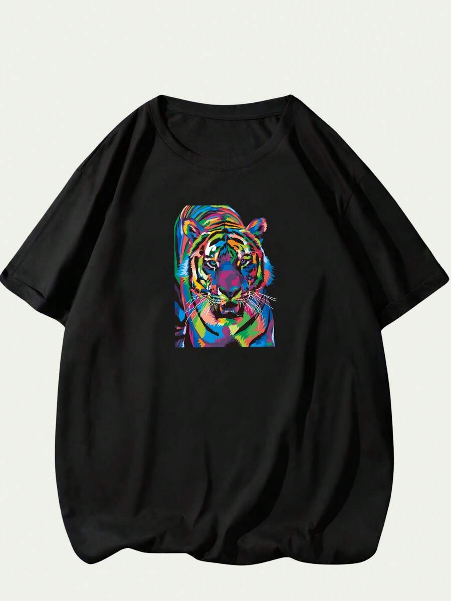 Colorful Tiger Print T-Shirt Men's Unisex Casual Comfort Premium Cotton Loose Versatile Sophisticated Modern Breathable Soft - 黑色 - 查看 1