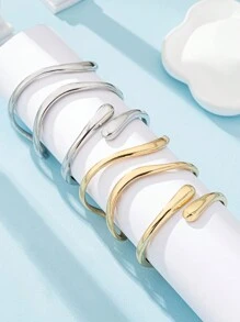 3 件/1 套时尚简约金属金色光滑波浪双层线镂空水滴手镯套装女士 - 金黃色 - 查看 2