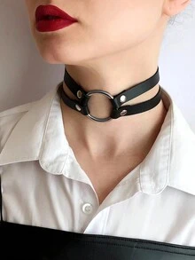 1 件性感女式黑色 PU 皮革背带腰带环和铆钉装饰颈圈哥特式颈链时尚配饰万圣节 - 黑色 - 查看 2