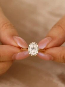 1件橢圓形單鑽全鋪鑽婚戒，適合訂婚/婚禮/週年紀念/女性珠寶禮物 - 橢圓 - 查看 4