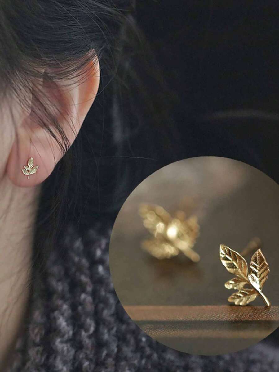 1 cặp bông tai đinh tán thiết kế hình lá nhăn bằng bạc Sterling S925 cổ điển, quà tặng trang sức thanh lịch cho phụ nữ, đám cưới/tiệc - lá cây - Xem 1