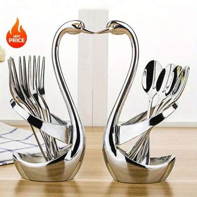 1 Set Elegante Soporte para Cubiertos con Forma de Cisne de Acero Inoxidable con 3 Tenedores y Cucharas - Perfecto para el Servicio de Mesa