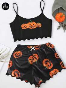 2 件套女士万圣节南瓜印花无袖吊带上衣短裤家居服睡衣套装 - 黑色 - 查看 1