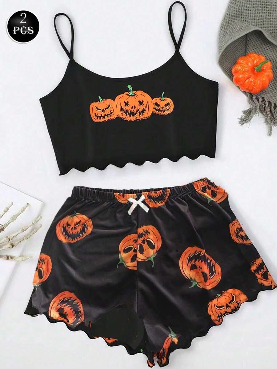 2 件套女士万圣节南瓜印花无袖吊带上衣短裤家居服睡衣套装 - 黑色 - 查看 1