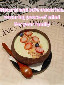 天然材料椰子碗，用于盛放酸奶、燕麦、沙拉和甜点，家用餐具，天然木碗配勺子，厨房，圣诞节 - 彩色 - 查看 3