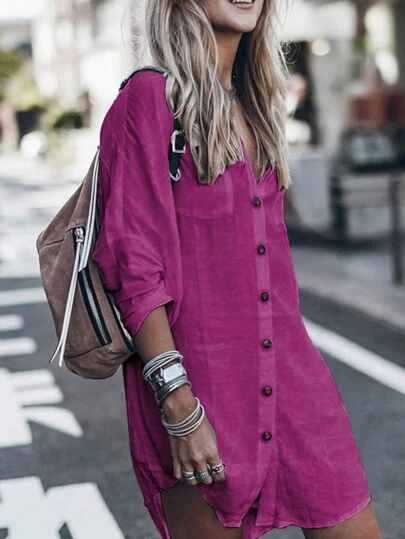 Camisa de mujer de unicolor, casual, de manga larga y con botones