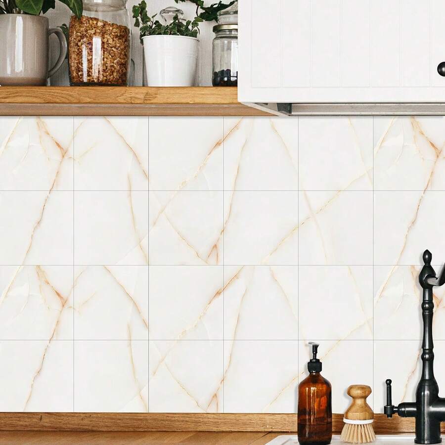 10 件大理石剥离粘贴防溅板瓷砖，PVC 自粘厨房墙壁装饰贴纸 - 彩色 - 查看 1