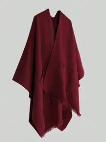 1pc Women Solid Color Minimalist Cape With Pockets, Warm Travel Shawl With Slit, European And American Style