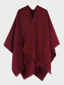 1pc Women Solid Color Minimalist Cape With Pockets, Warm Travel Shawl With Slit, European And American Style