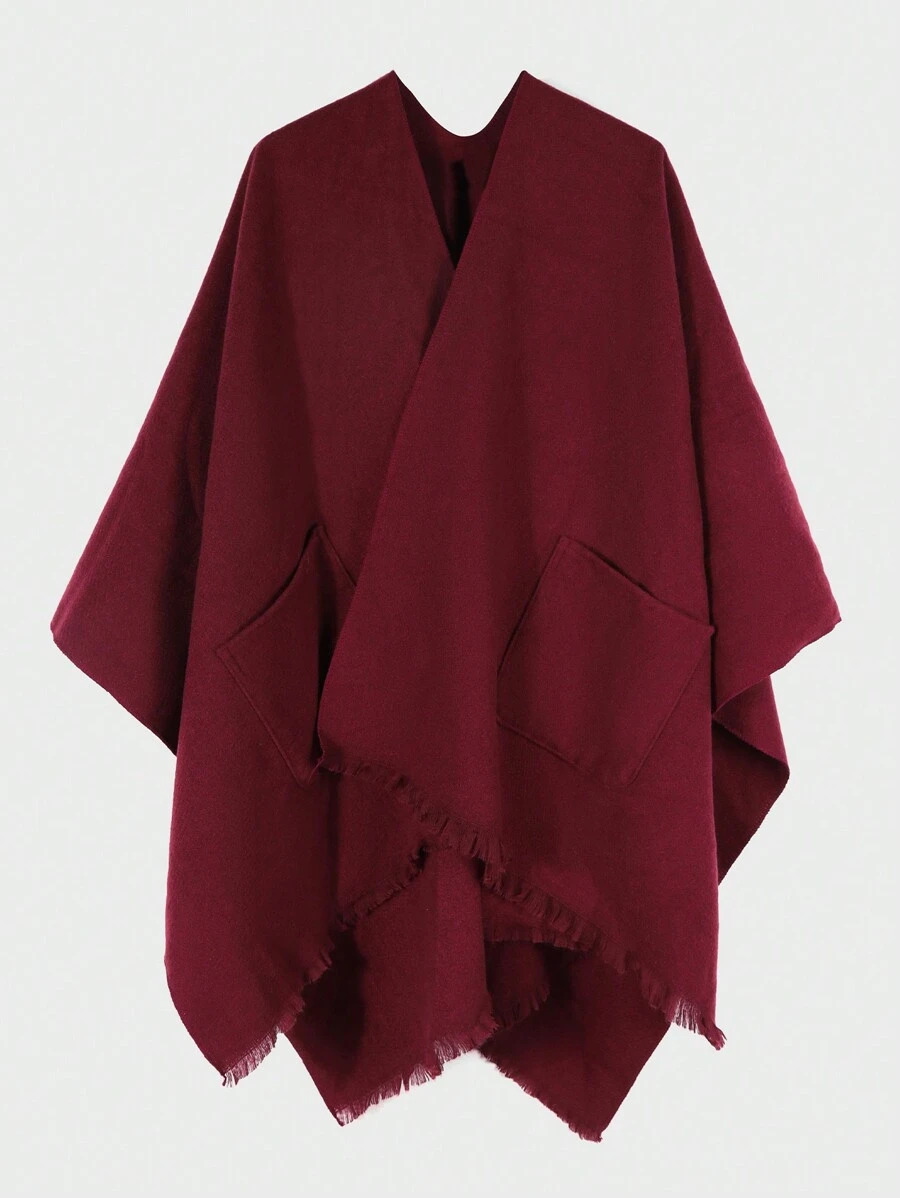 1pc Women Solid Color Minimalist Cape With Pockets, Warm Travel Shawl With Slit, European And American Style
