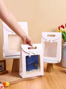 5pcs White Flap Bow Gift Bags With Window, Extra Small/Small/Medium/ Large/Extra Large Size, For Gifts, Weddings, Parties, Christmas, Birthdays, Baby Showers Valentine's Day - White - View 2
