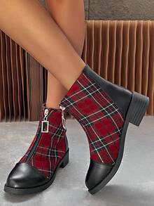 女士简约格子靴，前拉链闭合舒适厚底平底踝靴，圆头冬季短靴 - 紅色 - 查看 2