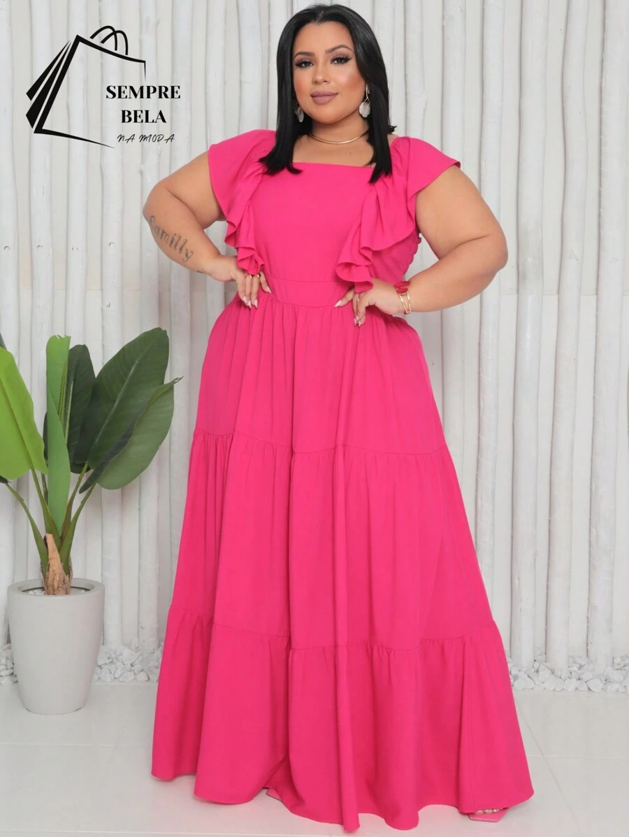 Plus Size Long Dress With Ruffle On The Shoulder - Hot Pink - View 1