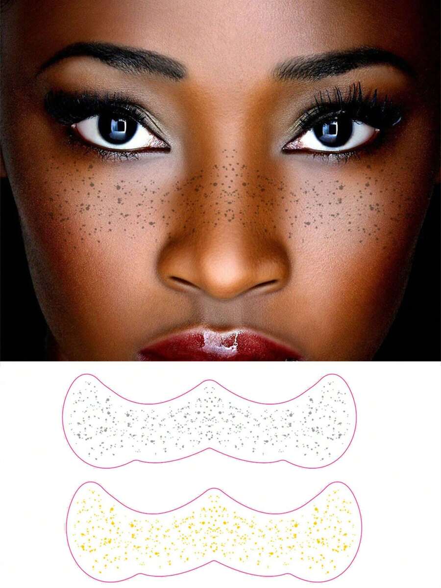 2 件，临时纹身贴纸，金银色闪光雀斑面部纹身，化妆贴片 - 雀斑化妆，人造雀斑防水临时纹身可爱闪光化妆配件女士 - 黑色 - 查看 1
