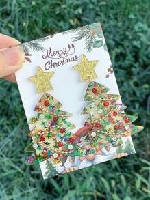 1 Pair Of European And American Christmas Jewelry Sweet Cartoon Design Bell Star Sequin Christmas Tree Acrylic Earrings Female Earrings