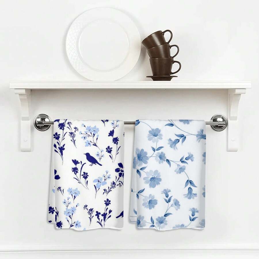 18x26 Inch 2 cái/bộ khăn tắm hoa màu xanh lam, khăn lau bát đĩa nhà bếp, khăn lau tay, khăn lau bát đĩa để thấm nước và làm khô thích hợp để nấu ăn, nướng, trang trí nhà cửa và khăn tắm phòng tắm - Màu xanh lam - Xem 1