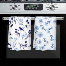 18x26 Inch 2 cái/bộ khăn tắm hoa màu xanh lam, khăn lau bát đĩa nhà bếp, khăn lau tay, khăn lau bát đĩa để thấm nước và làm khô thích hợp để nấu ăn, nướng, trang trí nhà cửa và khăn tắm phòng tắm - Màu xanh lam - Xem 4