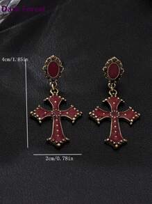 1 Pair Gothic Dark Forest Chic Black Enamel Cross Drop Earrings For Women, Suitable For Banquet, Party And Daily Wear - Red - View 2