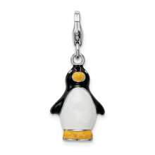 Diamond2Deal 925 Sterling Silver Rhodium-Plated Polished 3-D Enameled Penguin Charm Pendant With Fancy Lobster Clasp