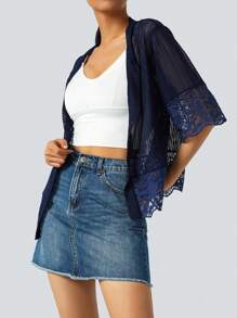 Womens Open Front Shrug, Short Sleeve Solid Color Lace Patchwork Sheer Bolero Cover Up - Navy Blue - View 6