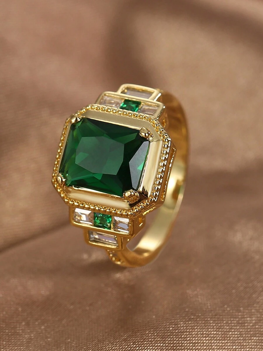 Charm-In 1 件镀金镶嵌绿色方形锆石奢华戒指，派对珠宝礼物 - 金黃色 - 查看 1
